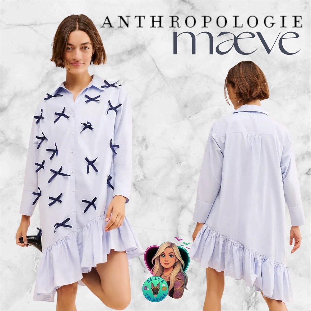 Maeve Anthropologie Blue Bow Asymmetric‎ Ruffle Hem Shirt Dress XSP Oversized